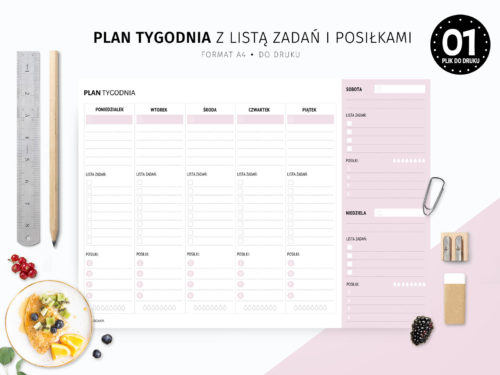 Plan tygodnia z listą zadań i posiłkami do druku