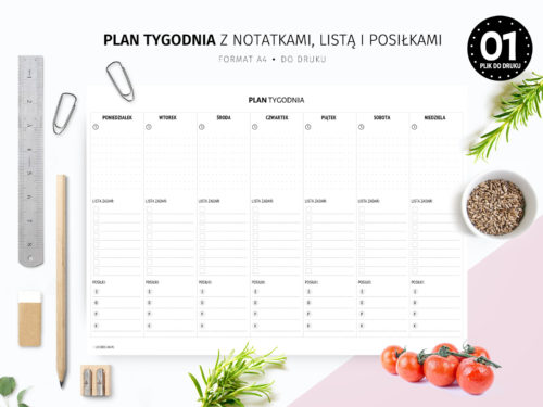 Plan tygodnia z notatkami, listą zadań i posiłkami do druku