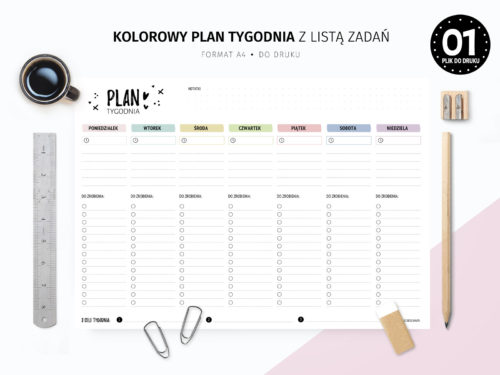 Kolorowy plan tygodnia z listami zadań do druku