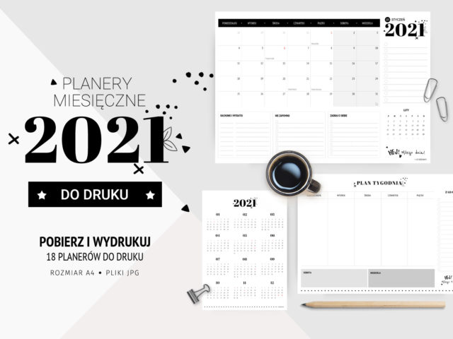 Miesięczne planery 2021 do druku z kalendarzem