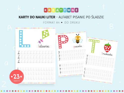 Alfabet pisanie po śladzie - 23 karty pracy do druku