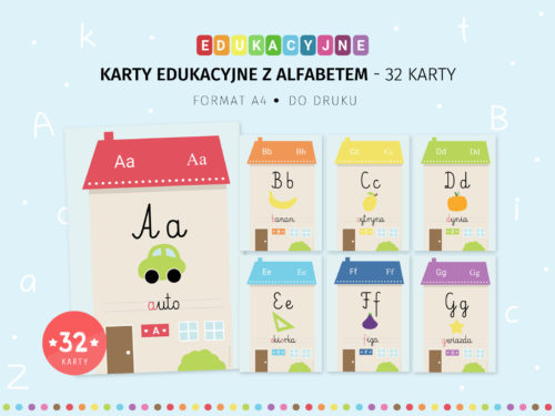 Karty edukacyjne z alfabetem - 32 karty z literami do druku