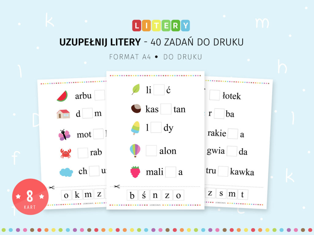 Ksztalt I Wielkosc Liter W Druku Uzupełnij litery w wyrazach - karty pracy z literami do druku