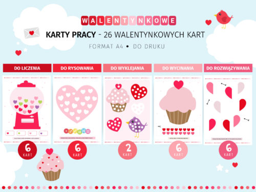Walentynkowe karty pracy - 26 kart pracy do druku