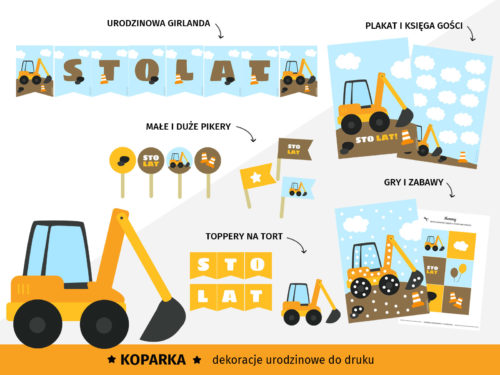 Koparka - Dekoracje urodzinowe do druku