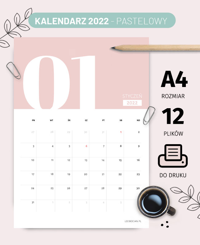 Kalendarz 2022 do wydrukowania – Pastelowy