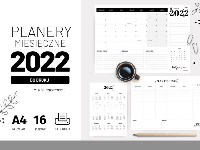 Miesięczne planery 2022 do druku z kalendarzem