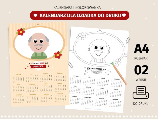 Kalendarz i kolorowanka dla dziadka - do druku