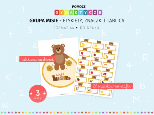 Misie - znaczki przedszkolne do szatni i tabliczka