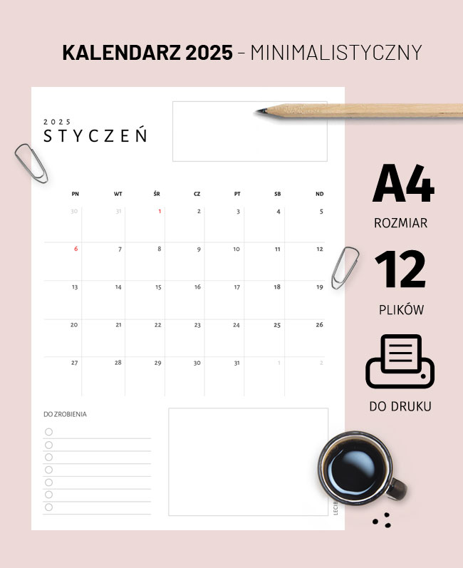 Kalendarz 2025 minimalistyczny – do druku