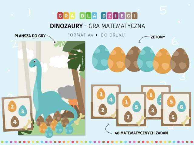 Dinozaury - gra matematyczna do druku