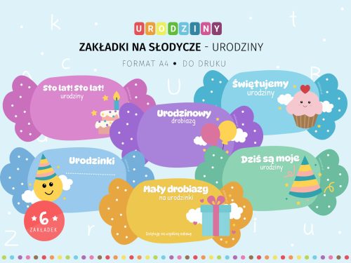 Zakładki na słodycze i cukierki - urodziny do druku