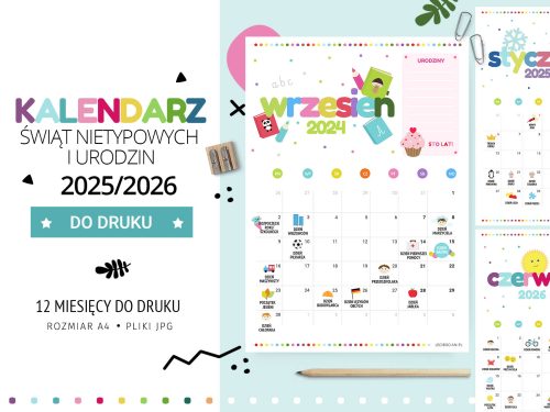 Kalendarz Świąt Nietypowych 2025/26 i urodzin - do druku