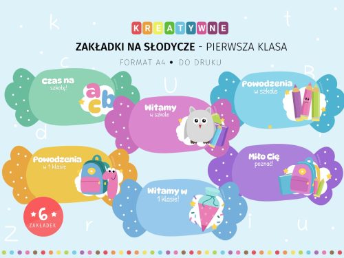 Zakładki na słodycze - pierwsza klasa do druku