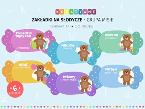 Zakładki na słodycze - grupa Misie do druku