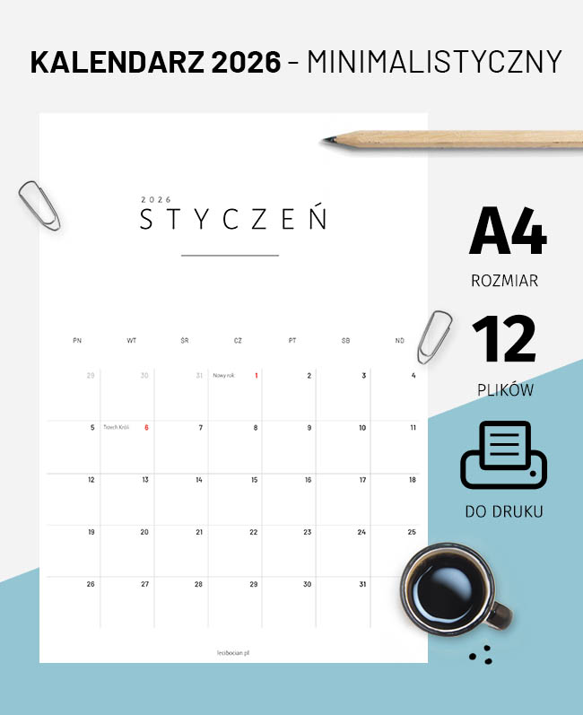 Kalendarz 2026 do druku - Minimalistyczny