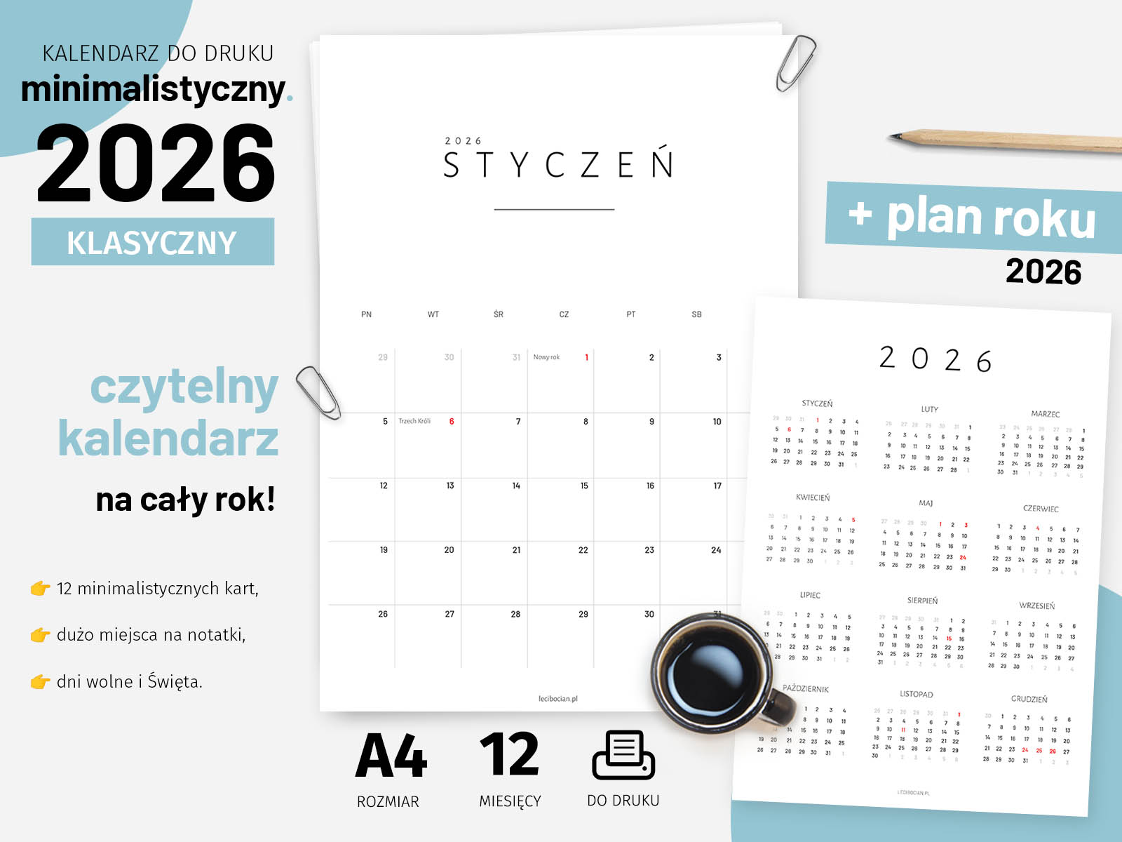 Minimalistyczny kalendarz 2026 do druku
