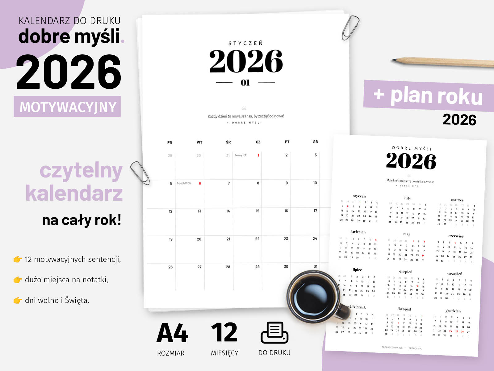 Kalendarz 2026 do druku – Dobre Myśli