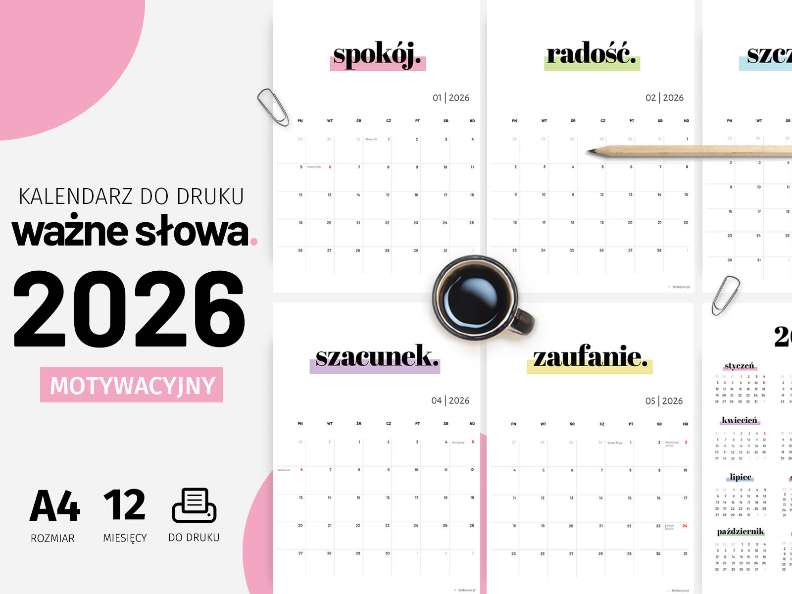 Kalendarz 2026 do druku – Ważne Słowa