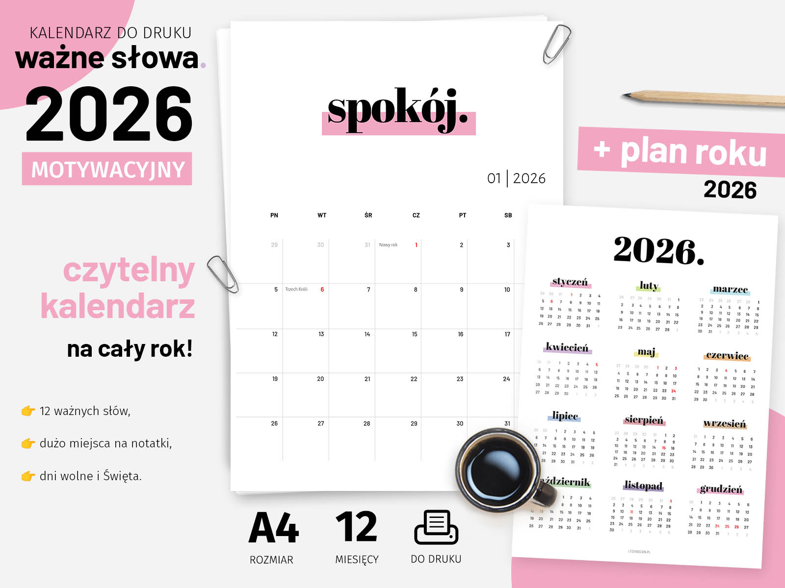Kalendarz 2026 do druku - Ważne Słowa