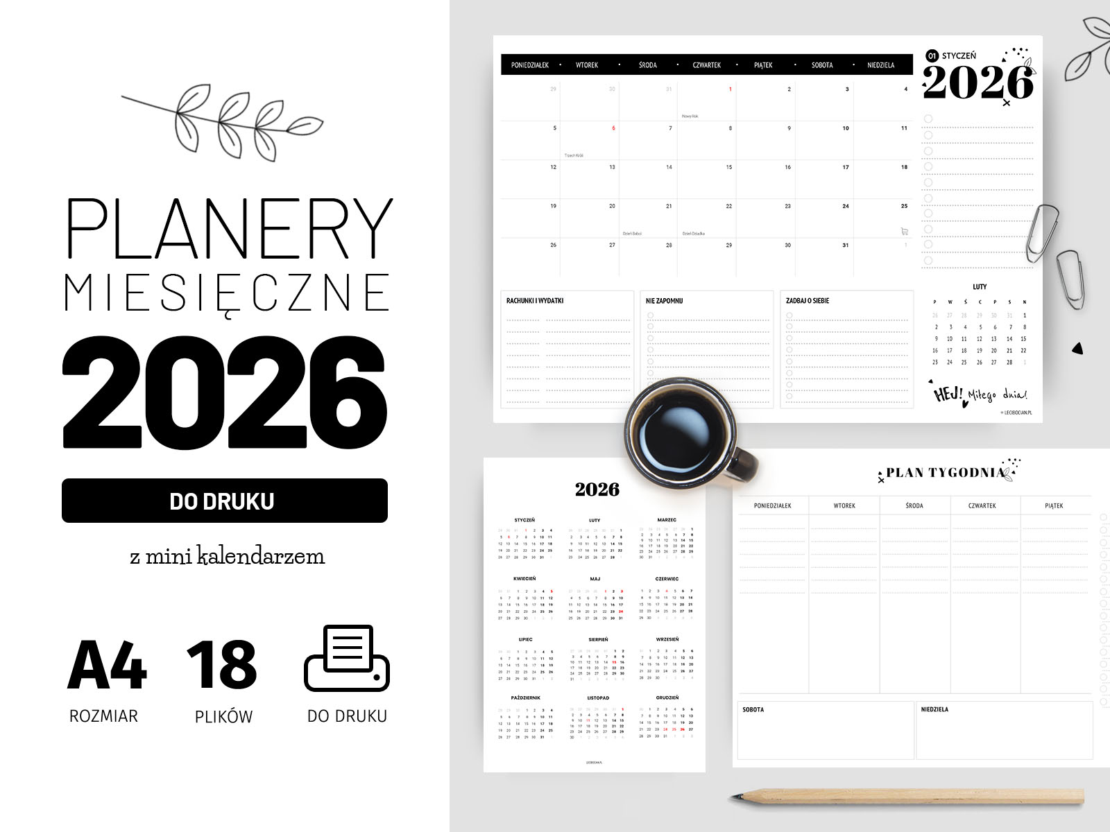 Miesięczne planery 2026 do druku
