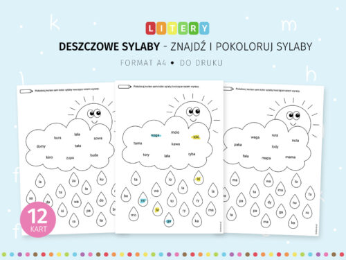 Deszczowe sylaby - karty do nauki czytania do druku