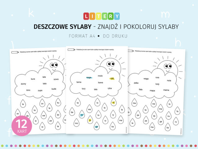 Deszczowe sylaby - karty do nauki czytania do druku